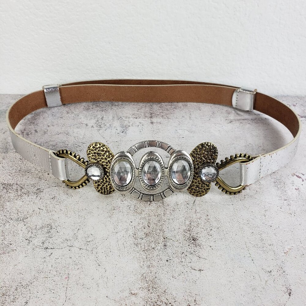 Chico's Genuine Leather Belt Metallic Crystals Rhinestones Boho Resort size M/L